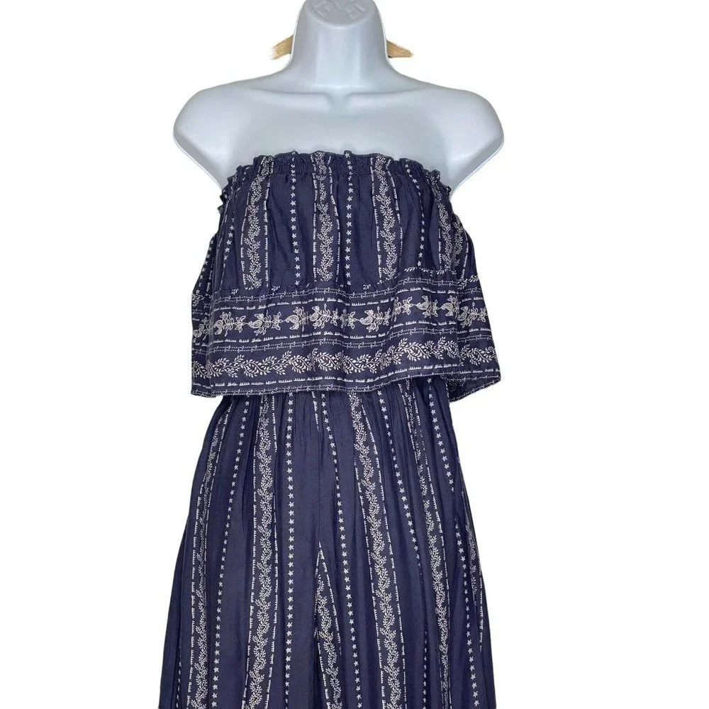 Japna Wide Leg Romper Women's Blue Flare‎ Strapless Smocked Jumpsuit SZ XS